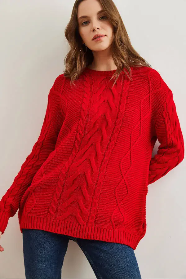 Women's Red Sweater with Braid Detail and Open Front KZK-19000831 - 4