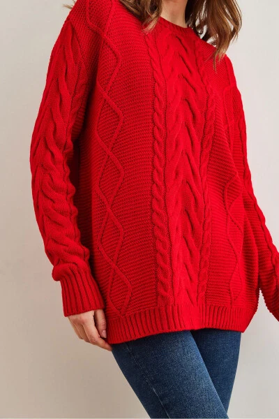 Women's Red Sweater with Braid Detail and Open Front KZK-19000831 - 5