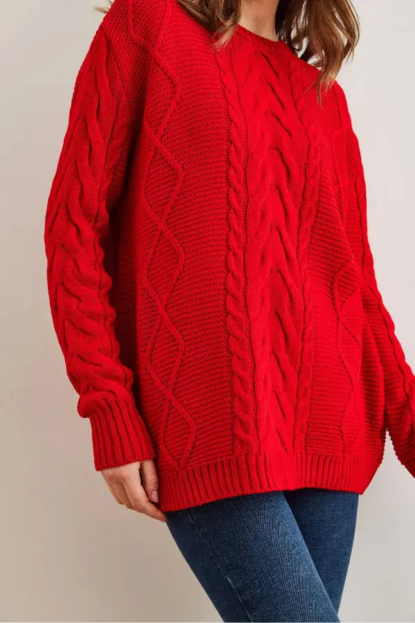 Women's Red Sweater with Braid Detail and Open Front KZK-19000831 - 5