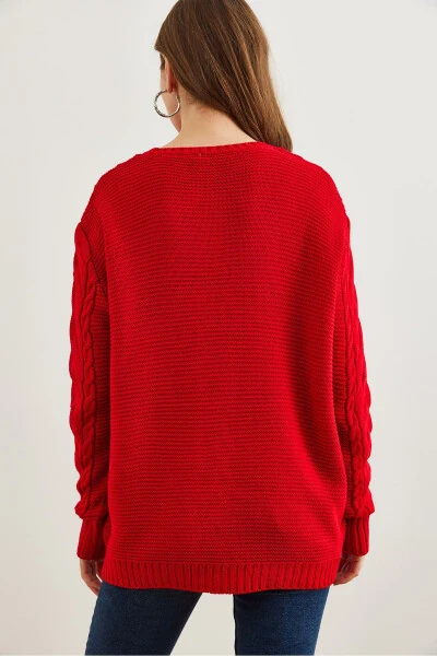 Women's Red Sweater with Braid Detail and Open Front KZK-19000831 - 6
