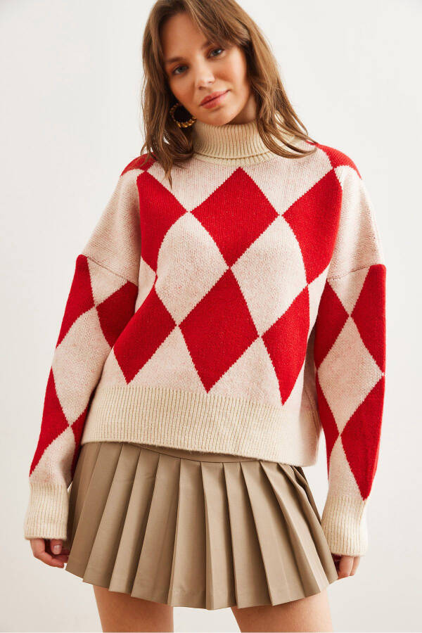 Women's Red Turtleneck Chevron Pattern Oversized Knit Sweater WSW-19000941 - 1