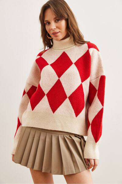 Women's Red Turtleneck Chevron Pattern Oversized Knit Sweater WSW-19000941 - OLALOOK (1)