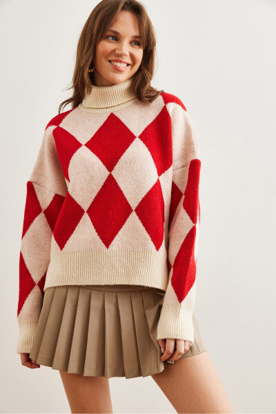 Women's Red Turtleneck Chevron Pattern Oversized Knit Sweater WSW-19000941 - 3