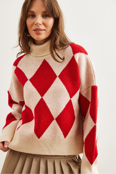 Women's Red Turtleneck Chevron Pattern Oversized Knit Sweater WSW-19000941 - 4