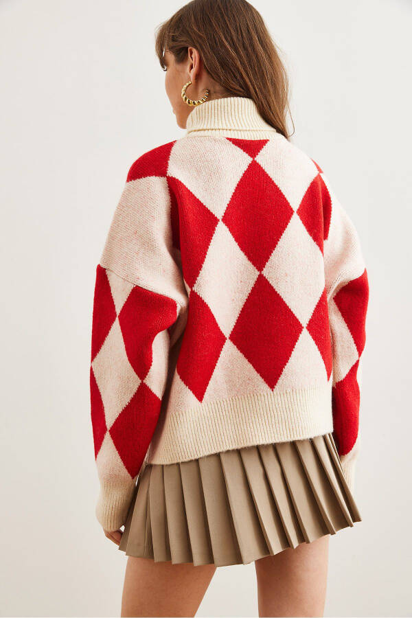 Women's Red Turtleneck Chevron Pattern Oversized Knit Sweater WSW-19000941 - 5