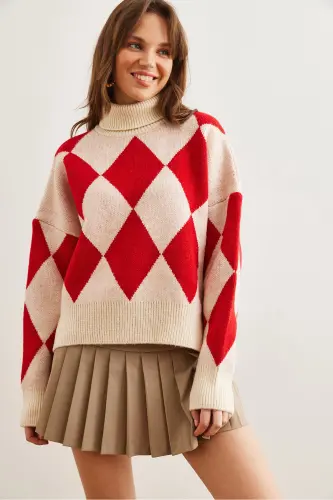 Women's Red Turtleneck Chevron Pattern Oversized Knit Sweater WSW-19000941 - 4
