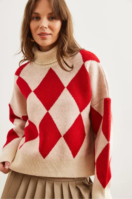 Women's Red Turtleneck Chevron Pattern Oversized Knit Sweater WSW-19000941 - 5