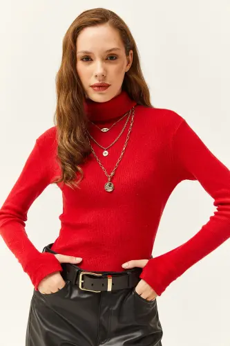 Women's Red Turtleneck Thumb Detailed Lycra Blouse BLZ-19001644 - Red - 3