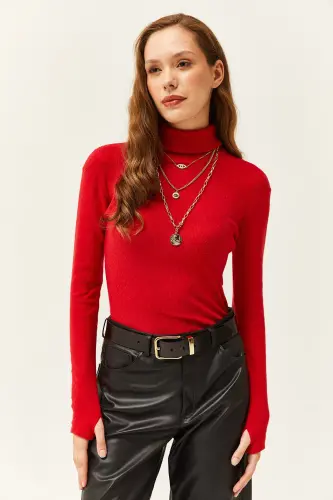 Women's Red Turtleneck Thumb Detailed Lycra Blouse BLZ-19001644 - Red - 4