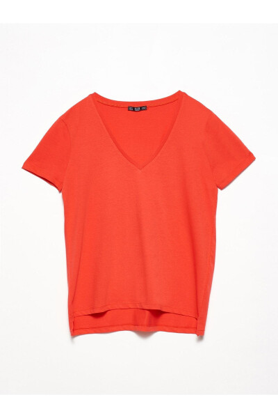 Women's Red V-Neck Basic T-Shirt 101A03470 - DILVIN (1)