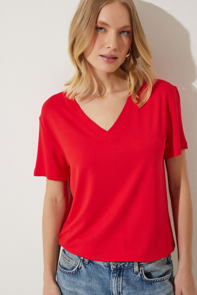 Women's Red V-Neck Basic Viscose Knit T-Shirt EN00613 - 2