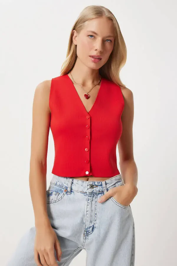 Women's Red V-Neck Knitted Vest PF00087 - 2