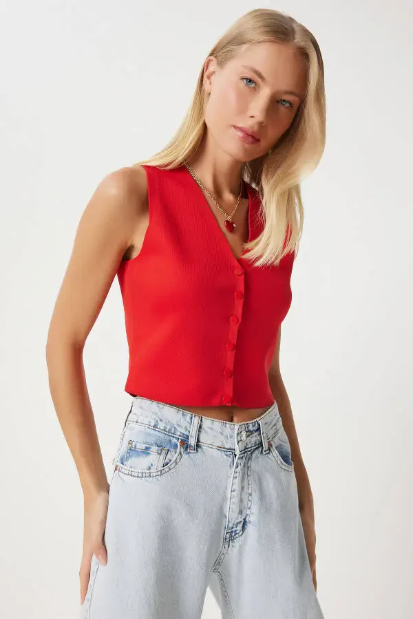 Women's Red V-Neck Knitted Vest PF00087 - 3