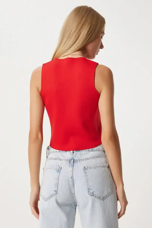 Women's Red V-Neck Knitted Vest PF00087 - 5