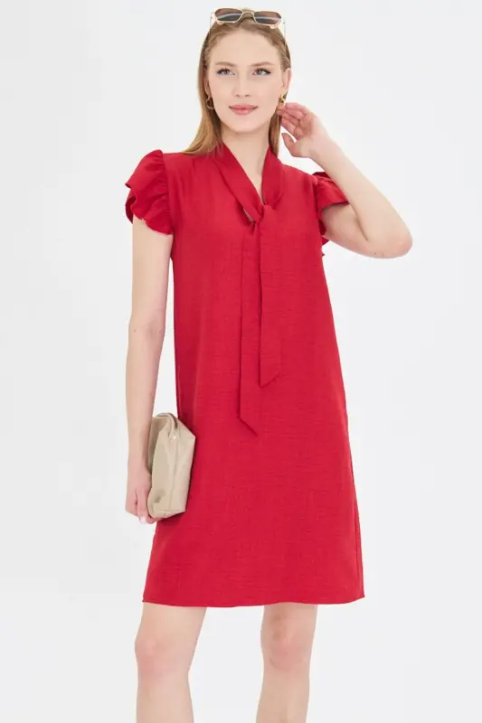 Women's Red V-Neck Ruffle Sleeve Tie Detail - 9