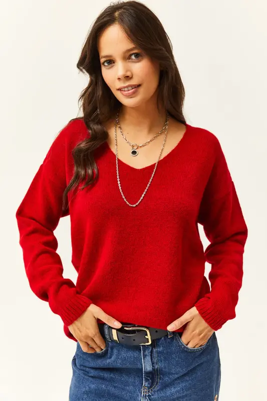Women's Red V-Neck Soft Touch Knit Sweater KZK-19000598-Red - 1