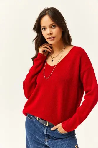 Women's Red V-Neck Soft Touch Knit Sweater KZK-19000598-Red - OLALOOK (1)