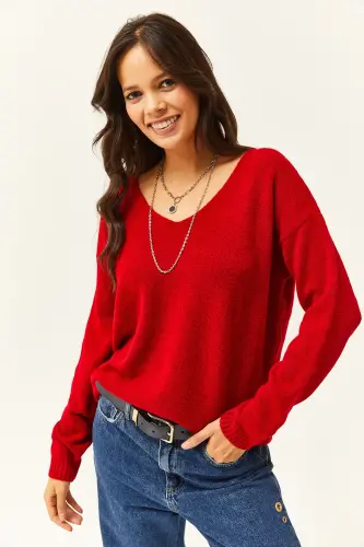 Women's Red V-Neck Soft Touch Knit Sweater KZK-19000598-Red - 3