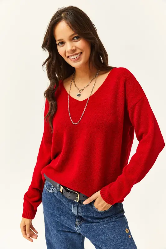 Women's Red V-Neck Soft Touch Knit Sweater KZK-19000598-Red - 3