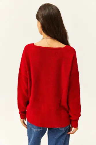 Women's Red V-Neck Soft Touch Knit Sweater KZK-19000598-Red - 4