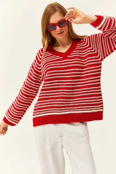 Women's Red V-Neck Striped Soft Knitted Sweater KZK-19000739 - OLALOOK