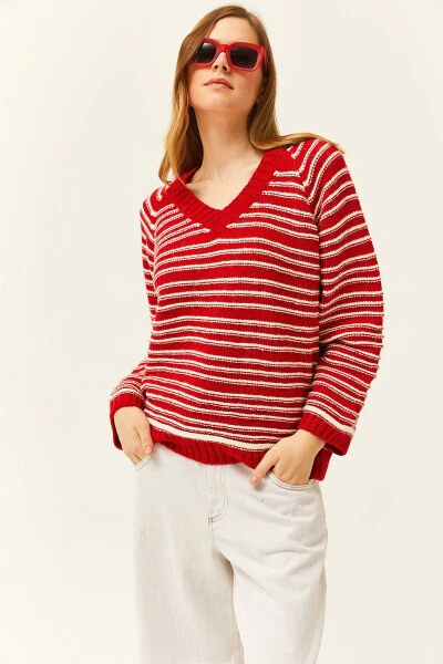 Women's Red V-Neck Striped Soft Knitted Sweater KZK-19000739 - 3
