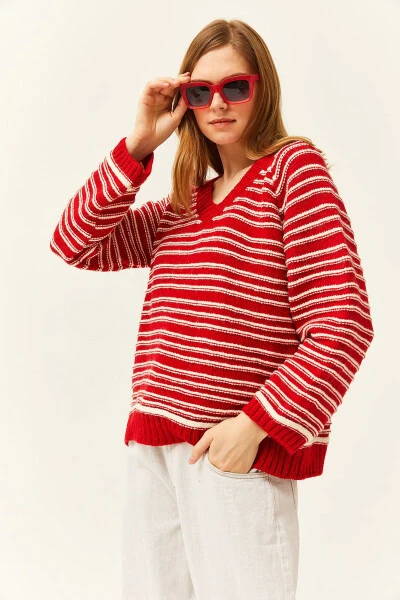 Women's Red V-Neck Striped Soft Knitted Sweater KZK-19000739 - 4
