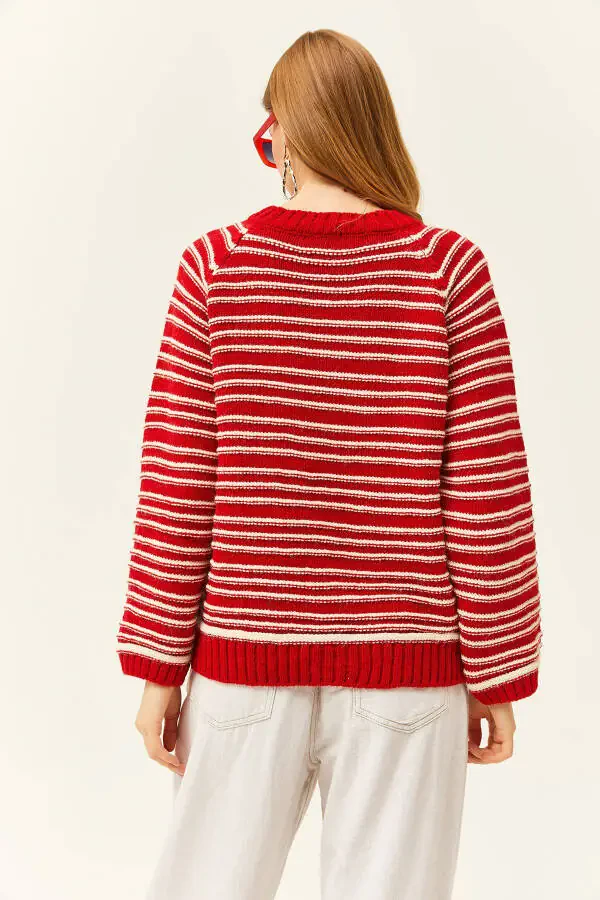 Women's Red V-Neck Striped Soft Knitted Sweater KZK-19000739 - 5