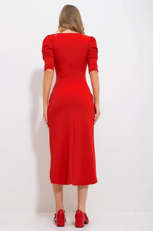 Women's Red Wrap Neck Draped Princess Sleeve Cocktail Dress Alc-X11687 - 5