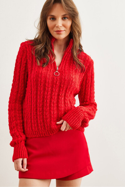 Women's Red Zippered Braided Hair Soft Textured Knitted Sweater KZK-19000937 