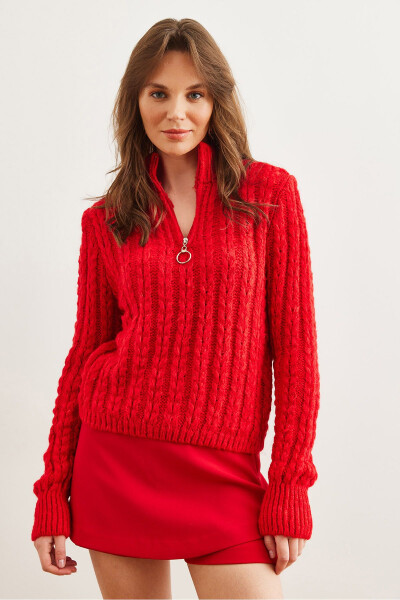 Women's Red Zippered Braided Hair Soft Textured Knitted Sweater KZK-19000937 - 2