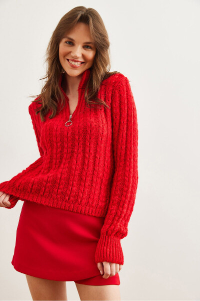 Women's Red Zippered Braided Hair Soft Textured Knitted Sweater KZK-19000937 - 3
