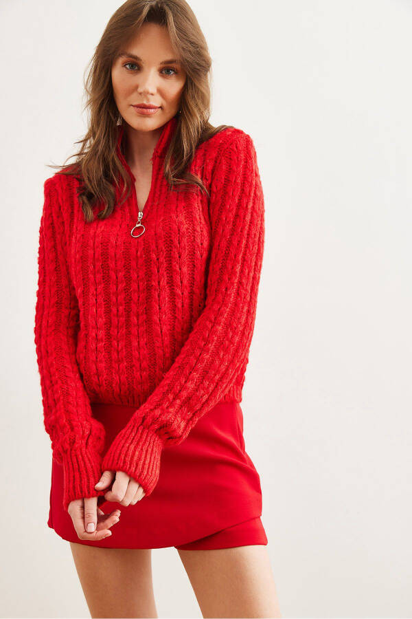 Women's Red Zippered Braided Hair Soft Textured Knitted Sweater KZK-19000937 - 4