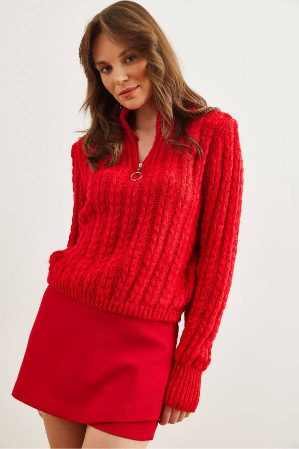 Women's Red Zippered Braided Hair Soft Textured Knitted Sweater KZK-19000937 - 5