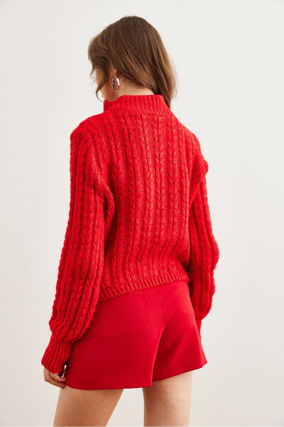 Women's Red Zippered Braided Hair Soft Textured Knitted Sweater KZK-19000937 - 6