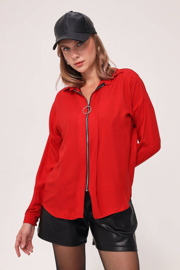 Women's Red Zippered Oversized Shirt ARM-21K024090 - 1