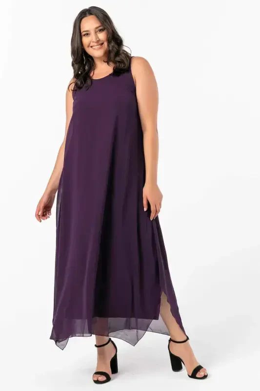 Women's Relaxed Fit Chiffon Dress KL3066 Purple - BÜYÜKBEDENIZ