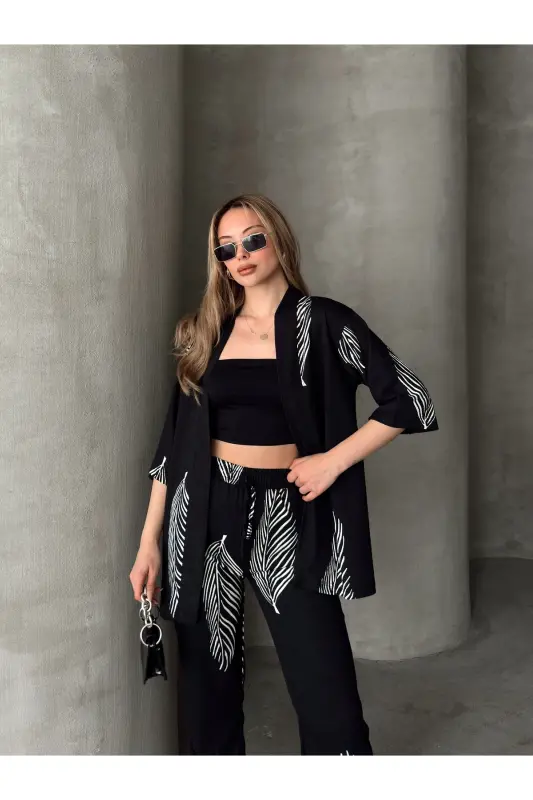 Women's Relaxed Fit Kimono Set-Black - 1