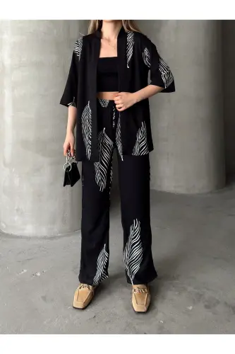 Women's Relaxed Fit Kimono Set-Black - 2
