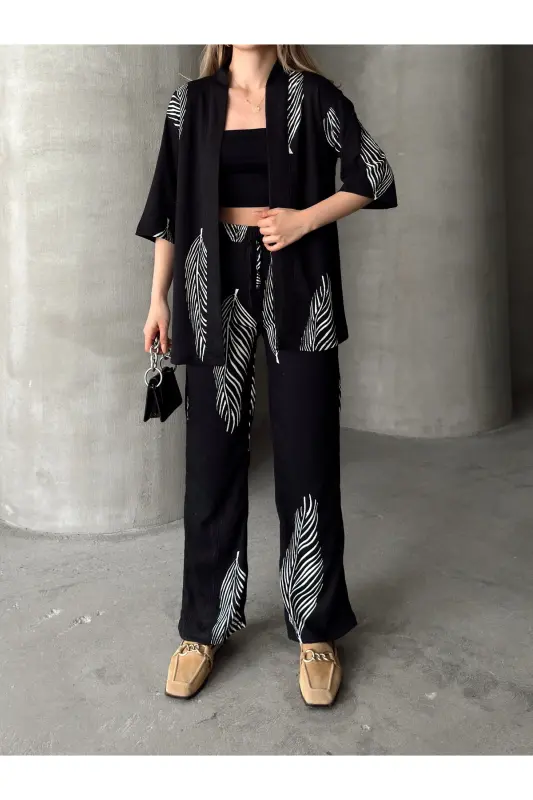 Women's Relaxed Fit Kimono Set-Black - 2