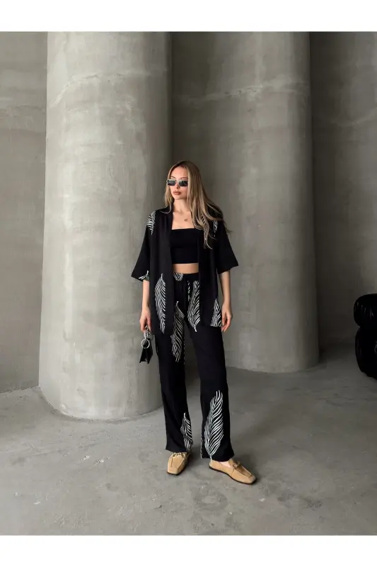 Women's Relaxed Fit Kimono Set-Black - 5