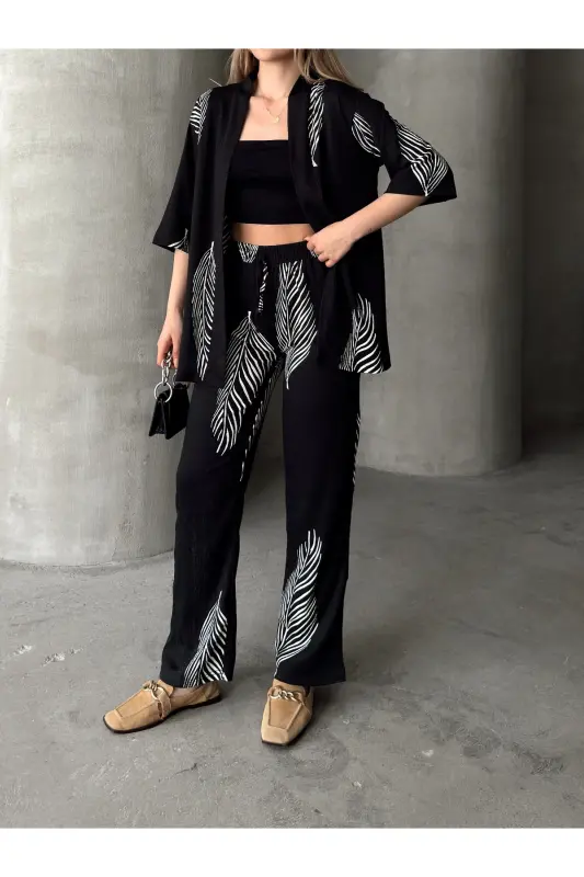 Women's Relaxed Fit Kimono Set-Black - 6