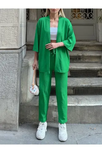 Women's Relaxed Fit Kimono Set-green - 1