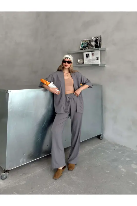 Women's Relaxed Fit Kimono Set-Smoked - AFROGİYİM