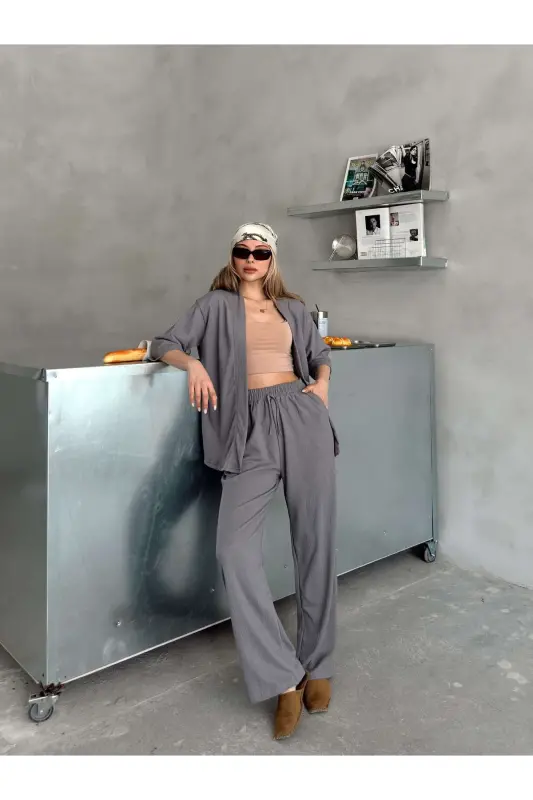 Women's Relaxed Fit Kimono Set-Smoked - 2