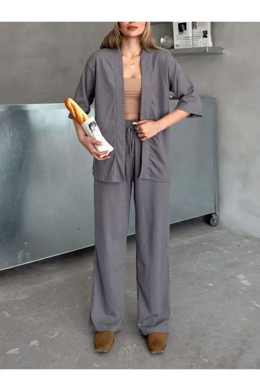 Women's Relaxed Fit Kimono Set-Smoked - 4