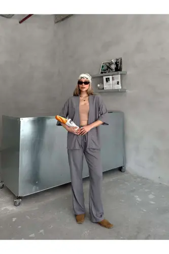 Women's Relaxed Fit Kimono Set-Smoked - 7