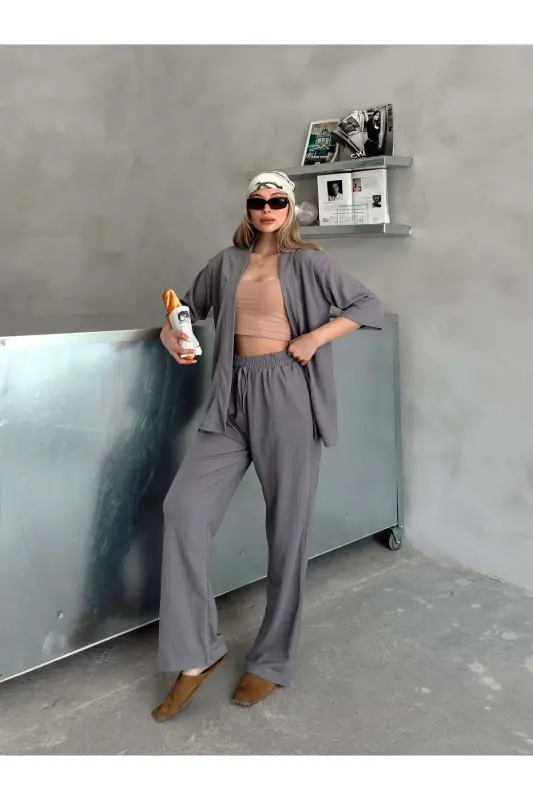 Women's Relaxed Fit Kimono Set-Smoked - 8