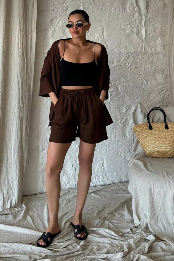 Women's Relaxed Fit Kimono Shorts Top Summer Set - 1