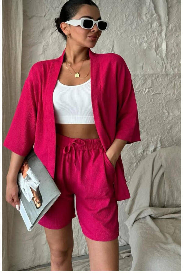 Women's Relaxed Fit Kimono Top and Shorts Summer Set - 2